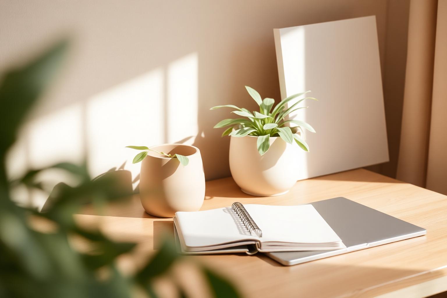 Espaço de trabalho de uma psicóloga com plantas e iluminação suave
